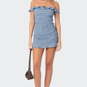 Off Shoulder Scrunched Plaid Mini Dress