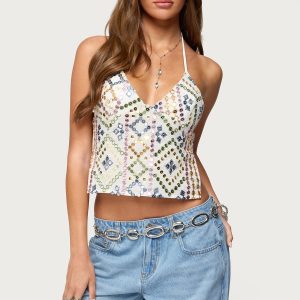 Embroidered Sequin Backless Top