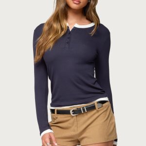 Contrast Layered Look Henley Top