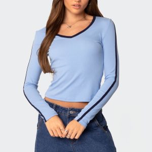 Contrast V Neck Long Sleeve T Shirt