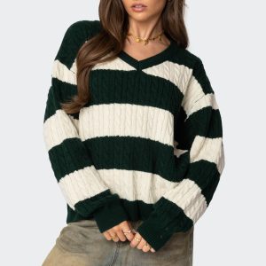 Oversized Striped Cable Knit Sweater