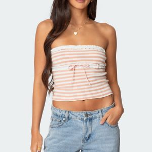 Striped Eyelet Trim Tube Top