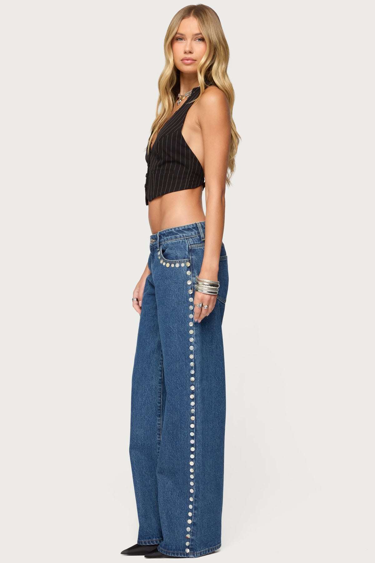 Iridescent Button Low Rise Baggy Jeans - Image 3