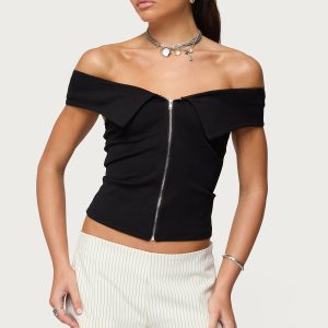 Collared Off Shoulder Zip Up Top