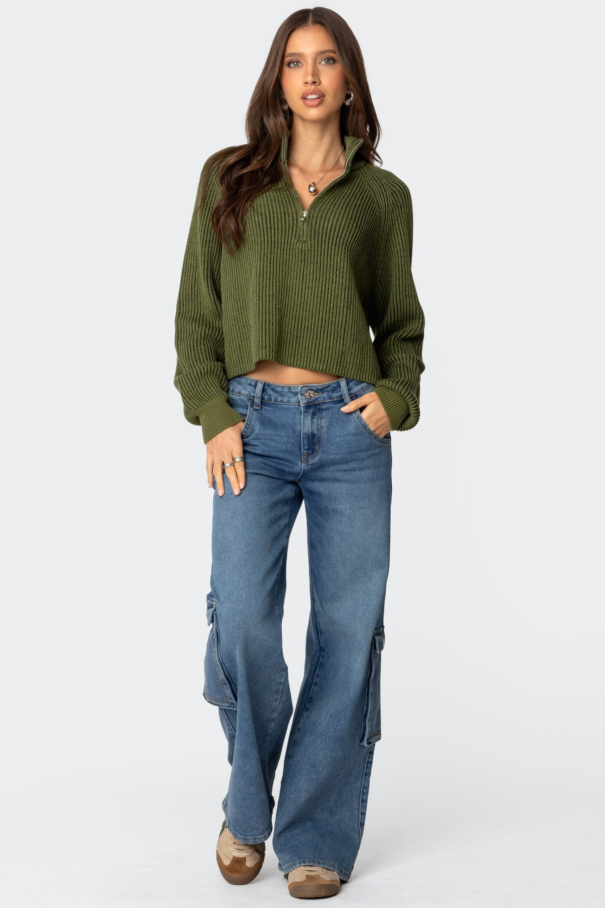 Cropped Rib Knit Half Zip Sweater - Image 2