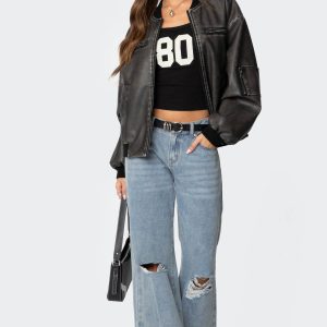 Vava Washed Faux Leather Bomber Jacket