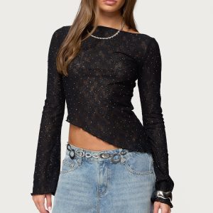 Mare Asymmetric Gem Sheer Lace Top