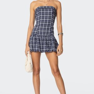Plaid Strapless Bubble Mini Dress