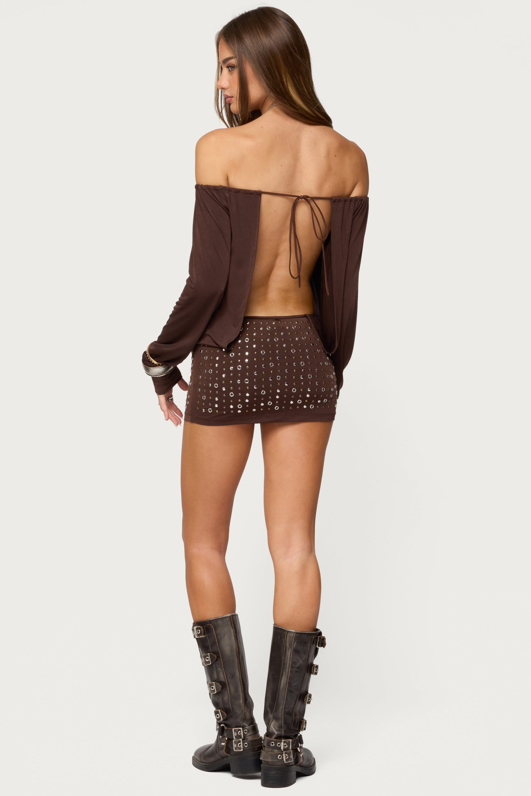 Studded Off Shoulder Backless Romper - Image 2