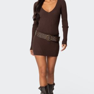 Ribbed Knit V Neck Mini Dress
