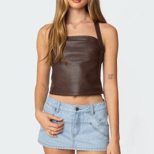 Draped Faux Leather Halter Top