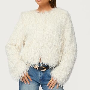 Aleandra Fringed Faux Feather Jacket