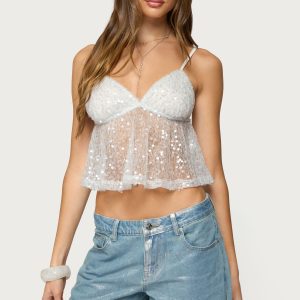 Sheer Sequin Babydoll Tank Top