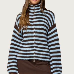 High Neck Striped Zip Up Sweater