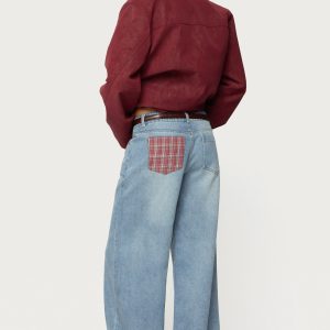 Plaid Cuffed Low Rise Baggy Jeans