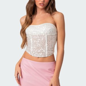 Semi Sheer Sequin Lace Up Corset