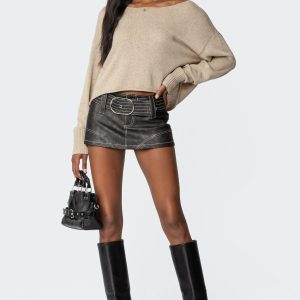 Washed Faux Leather Mini Skort
