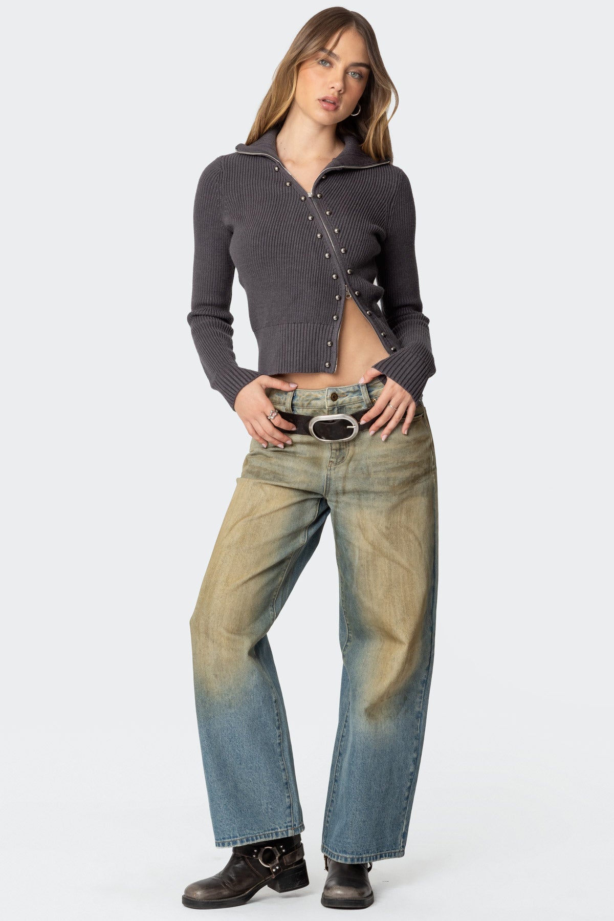 Ribbed Asymmetric Zip Up Cardigan - Image 5