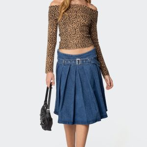Belted Pleated Denim Midi Skirt