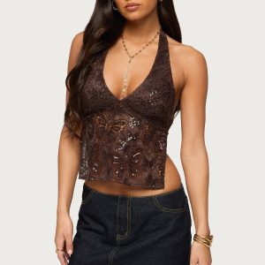 Butterfly Sequin Backless Halter Top