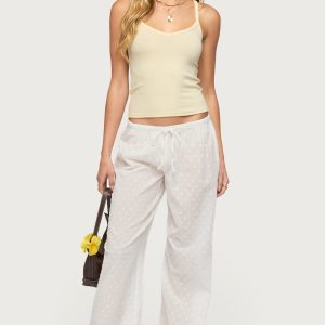 Embroidered Polka Dot Sheer Cotton Pants