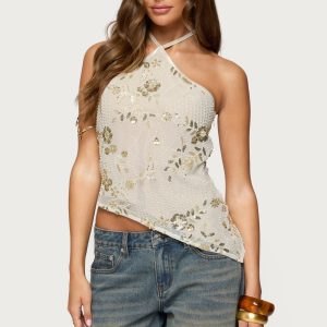 Beaded Sequin Asymmetric Halter Top