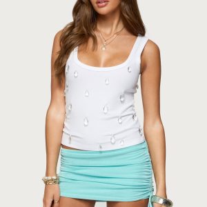 Zelena Faux Crystal Ribbed Tank Top
