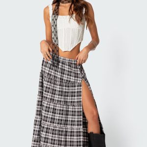 Plaid Side Slit Tiered Maxi Skirt