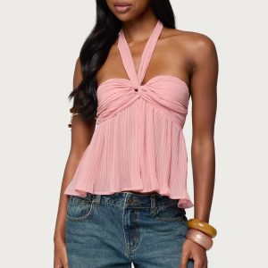 Pleated Chiffon Babydoll Halter Top