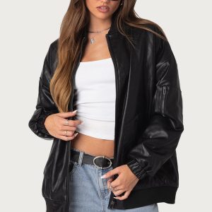 Faux Leather Oversized Bomber Jacket