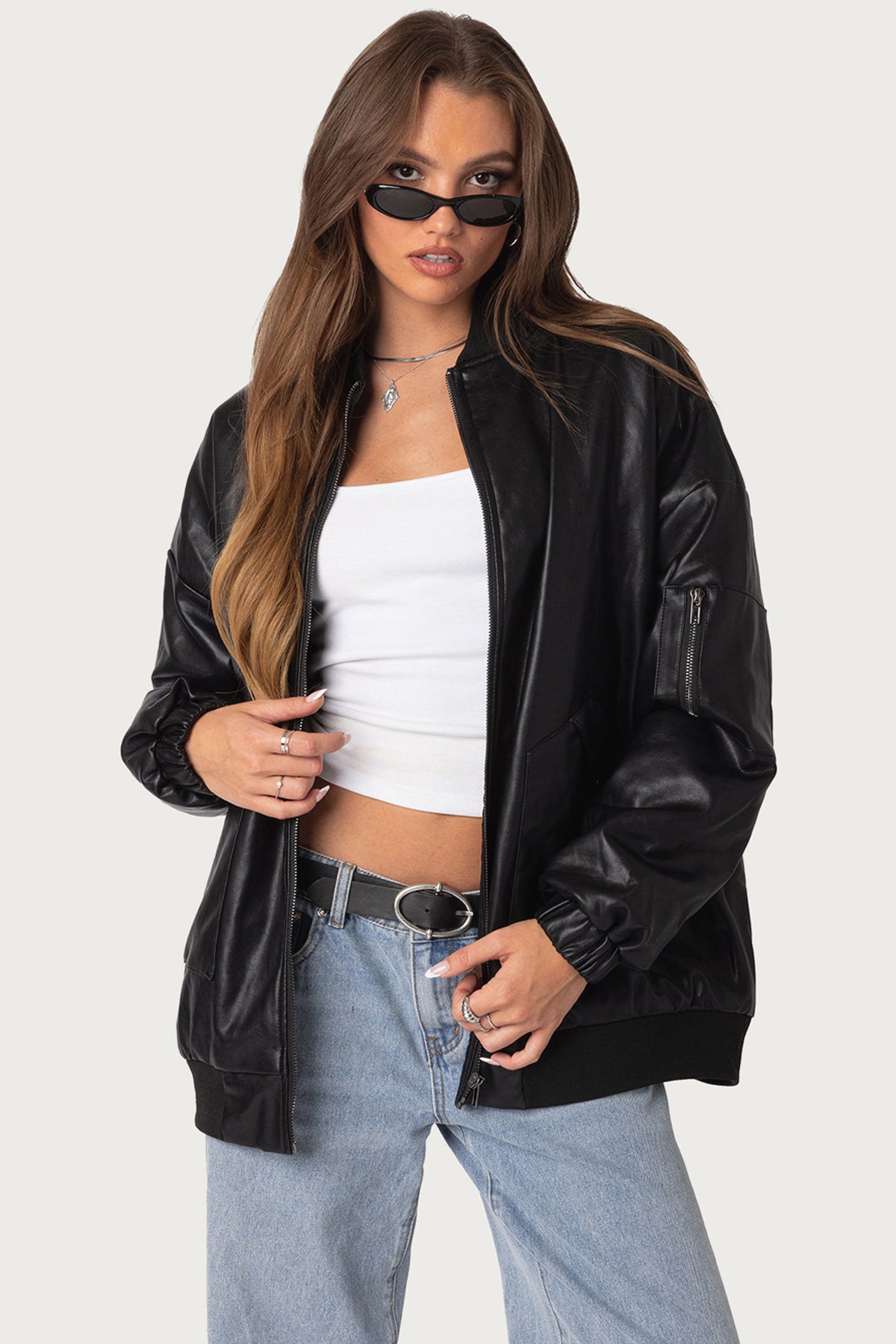 Faux Leather Oversized Bomber Jacket