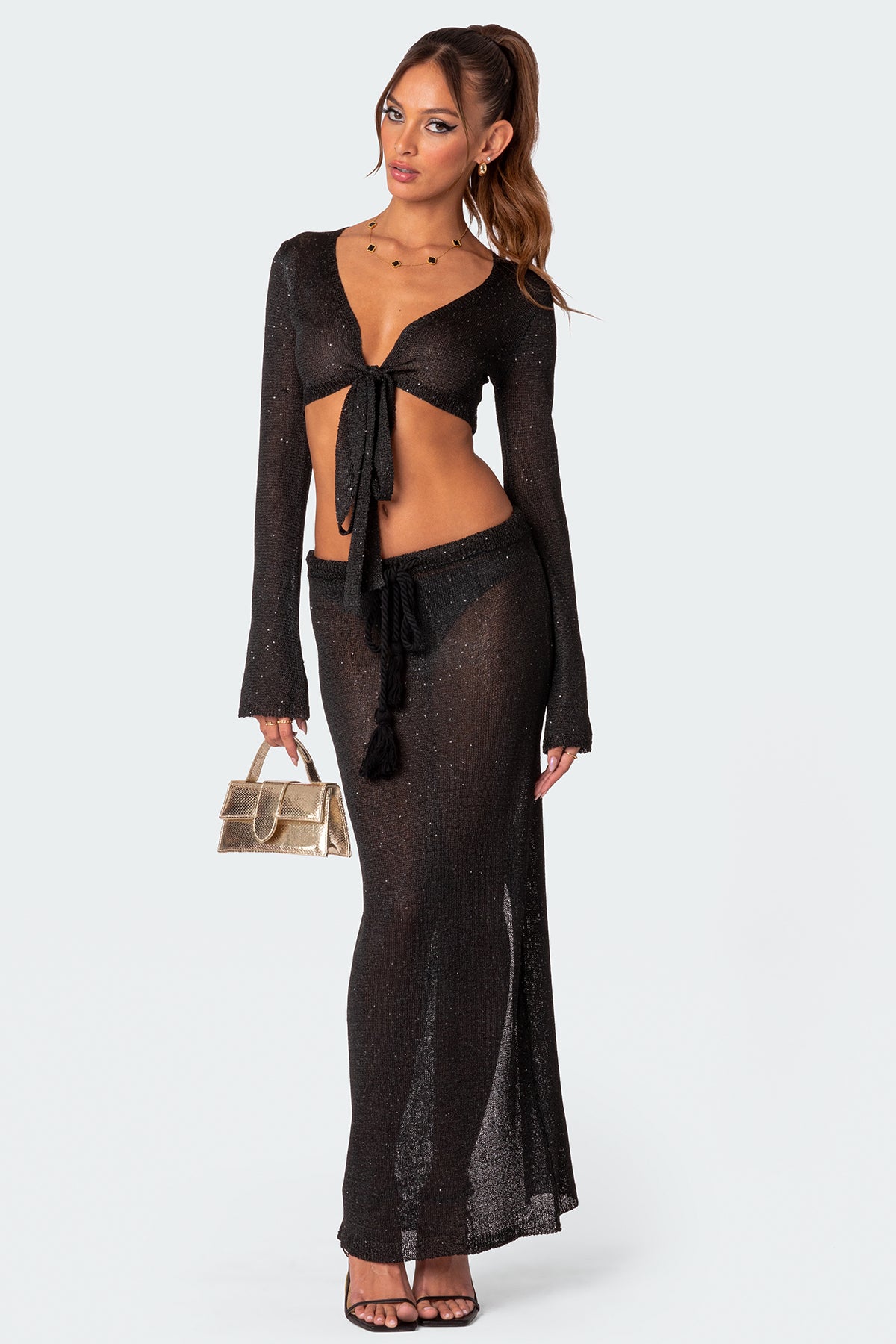 Micro Sequin Tie Front Knit Crop Top - Image 2