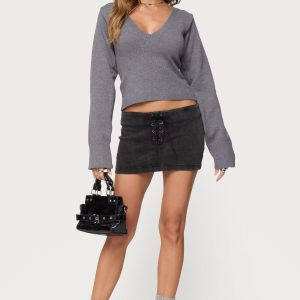 Lace Up Stretchy Denim Mini Skort