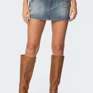Studded Bow Distressed Denim Mini Skirt