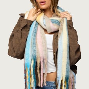 Striped Knit Fringed Scarf
