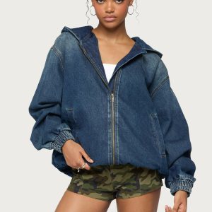 Hooded Vintage Washed Denim Bomber Jacket
