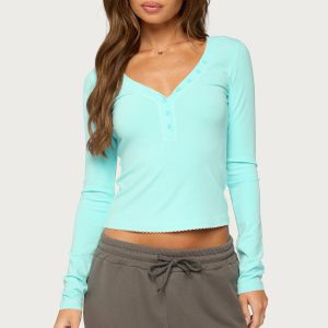 Yael Contrast Stitch Henley Top