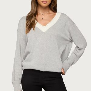 Marie Contrast Lacey V Neck Sweater