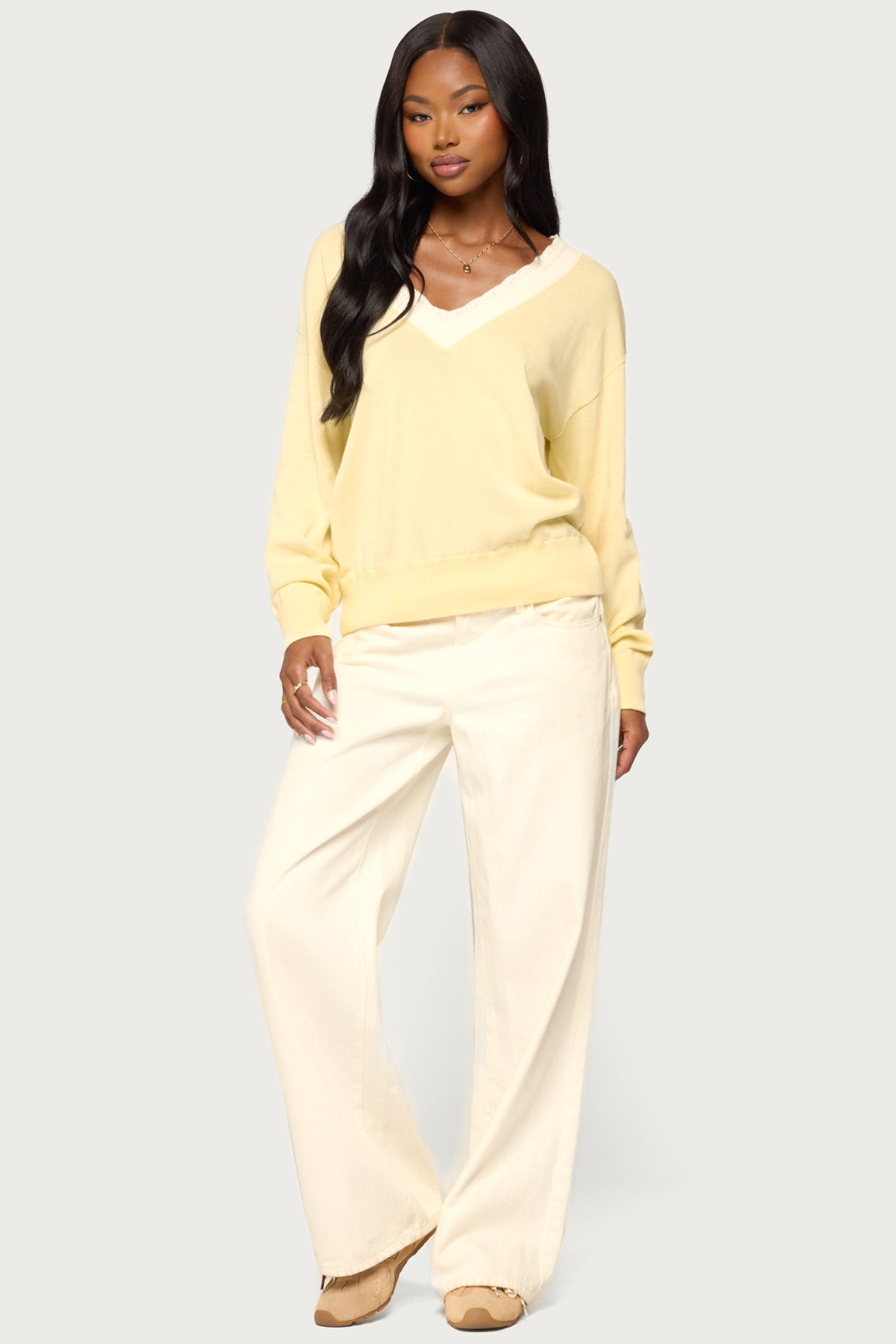 Marie Contrast Lacey V Neck Sweater - Image 4