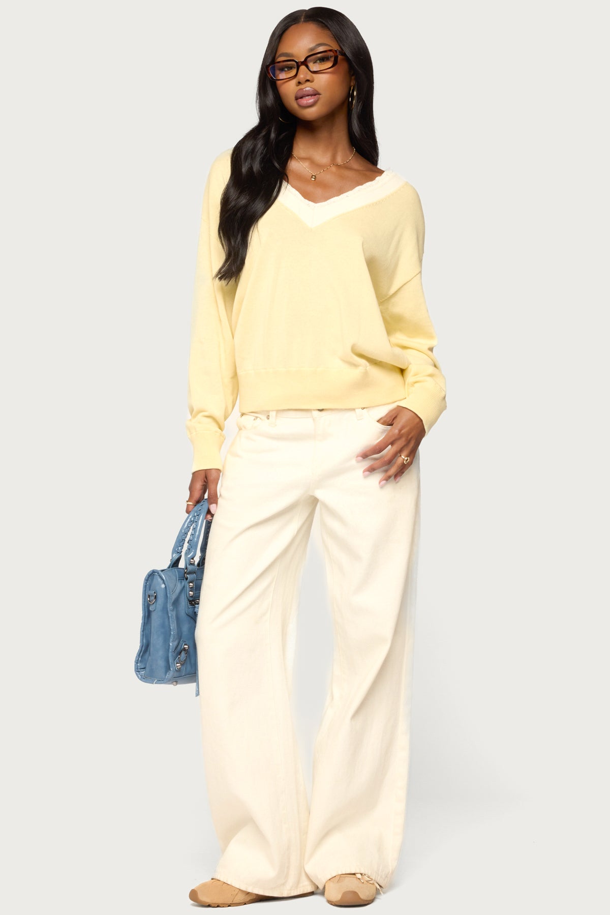 Marie Contrast Lacey V Neck Sweater - Image 2