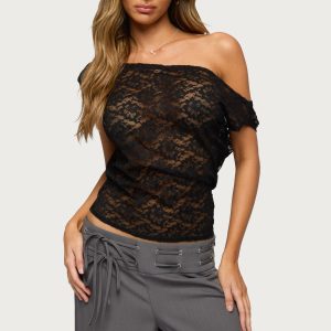 Kessa Sheer Lace Off Shoulder Top