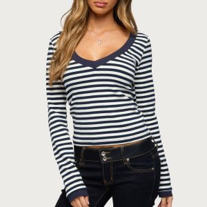 Kimi Striped Long Sleeve V Neck Top
