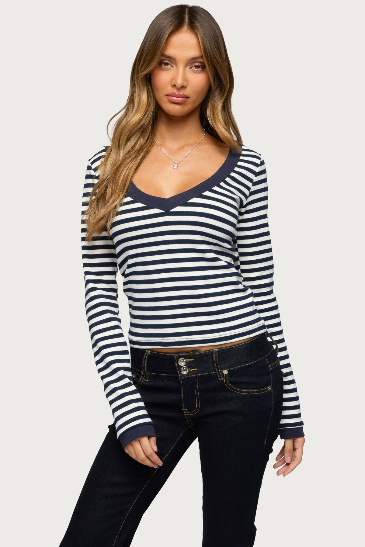 Kimi Striped Long Sleeve V Neck Top
