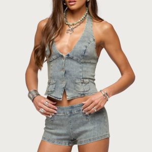 Sashe Button Up Denim Halter Top
