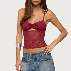 Damarie Cutout Ruched Sheer Lace Top