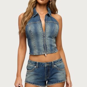 Gaya Backless Zip Up Denim Top