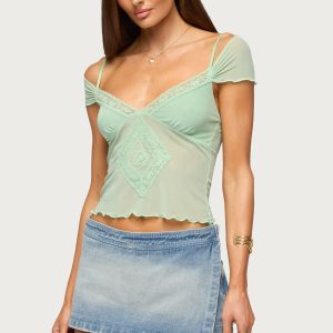 Shoulder Tie Lacey Sheer Mesh Top