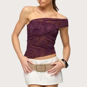 Asymmetric One Shoulder Sheer Lace Top