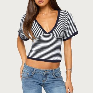 Primrosa Striped V Neck Flutter Top