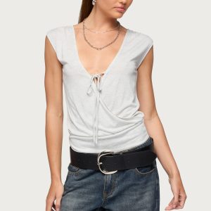 Tie Front V Neck Wrap Top